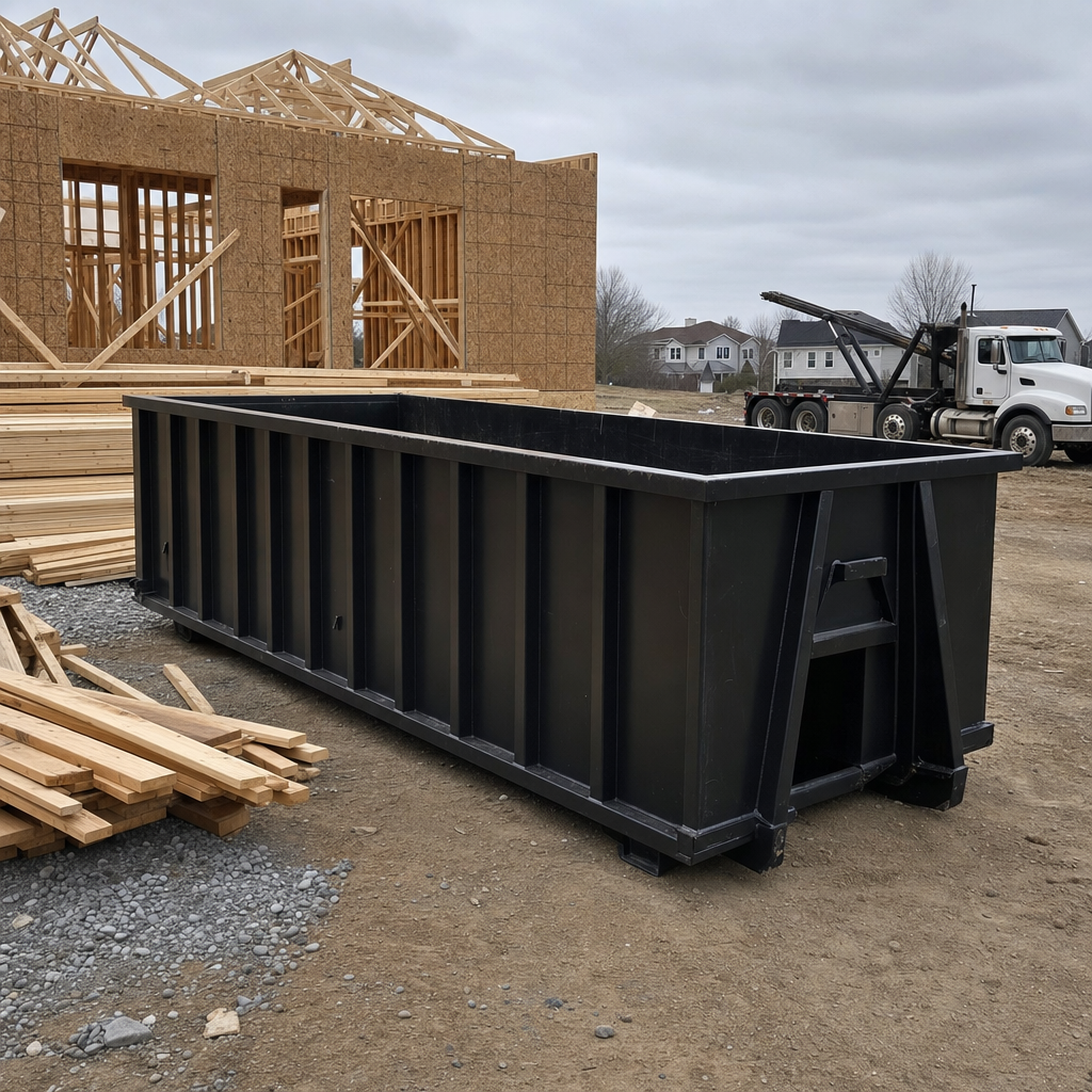 Matte-black 40-yard roll-off dumpster staged on a framed-out residential construction site in New Haven, framing lumber stacked nearby, hooklift delivery truck visible in the background under bright Colorado daylight