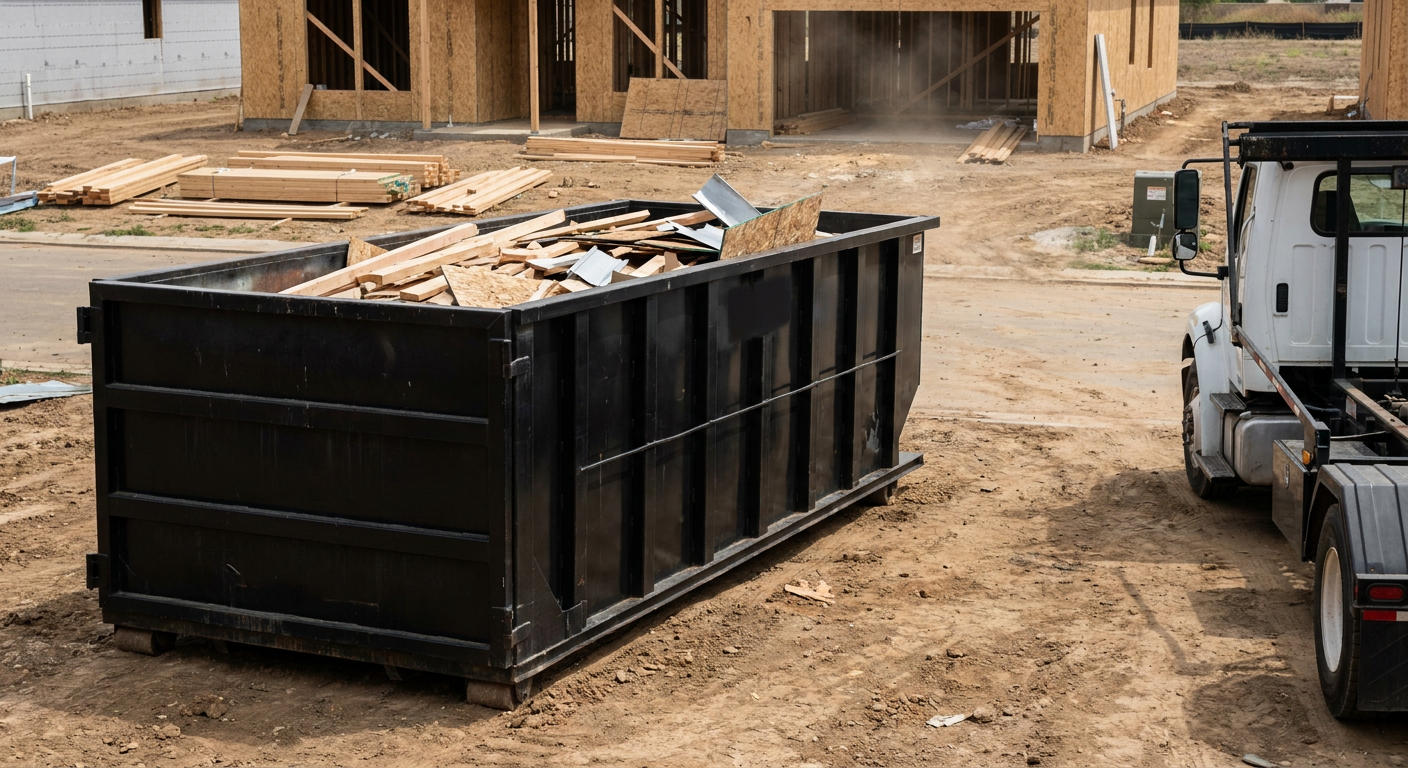 Matte-black 20-yard roll-off construction dumpster with heavy ribbed steel sidewalls and swing rear doors at a working jobsite in New Haven, sitting directly on compacted dirt with an unmarked white hauler partially visible at the far edge of the frame.