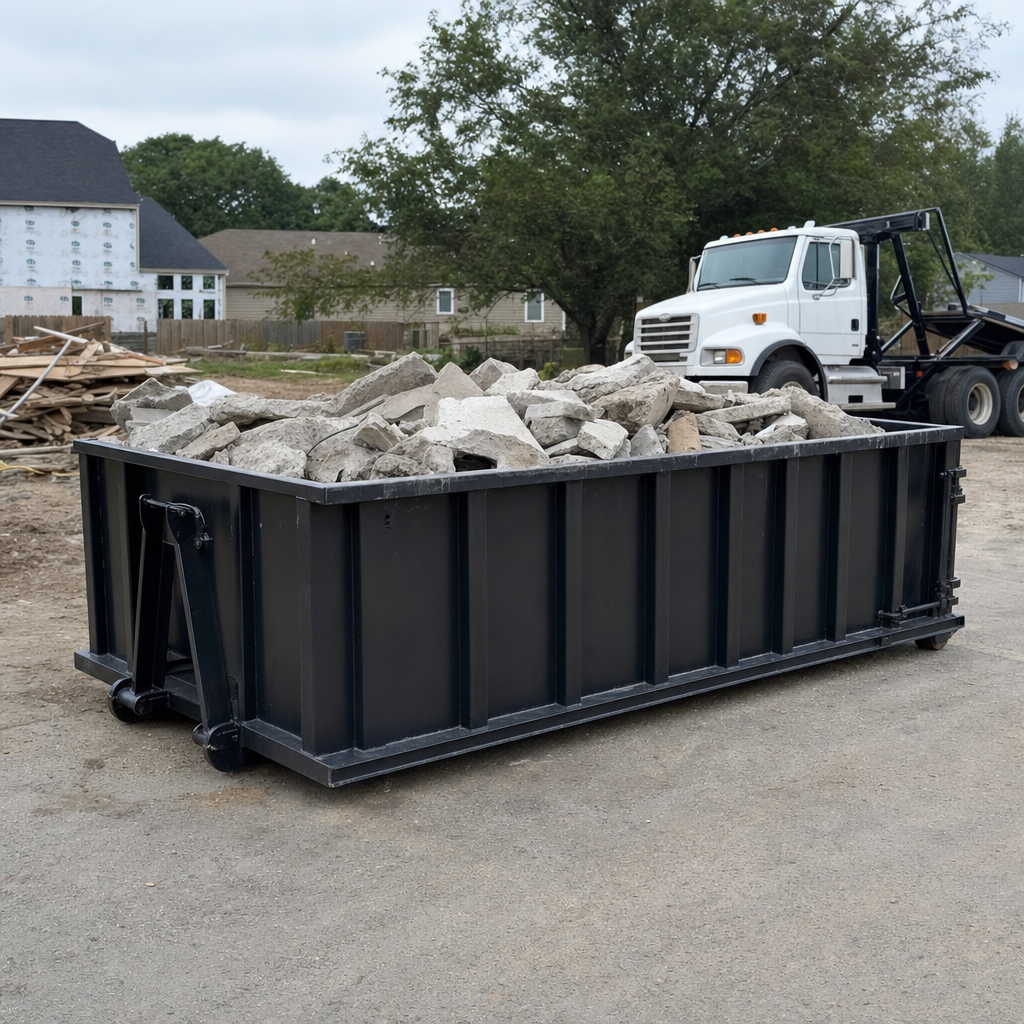 Low-profile matte-black lowboy roll-off dumpster loaded with broken concrete slab and rebar at a foundation tear-out in New Haven, skid steer parked beside it, sunny Colorado morning