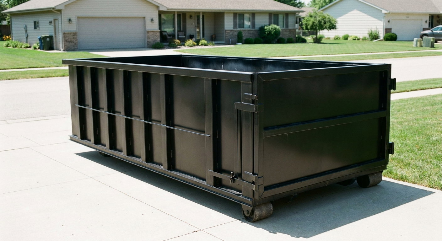 Matte-black 10-yard roll-off dumpster on a residential concrete driveway in New Haven, uniformly painted matte black across every panel and rail, ribbed steel sidewalls and rear swing door visible, mid-day daylight.