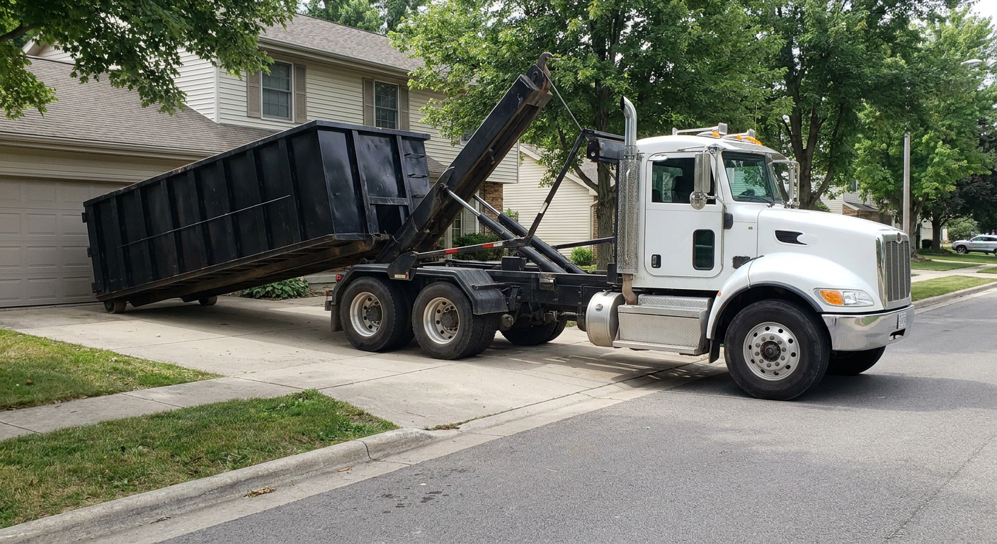 White-cab hooklift roll-off truck actively lowering a matte-black dumpster onto a New Haven residential concrete driveway, the dumpster's rear wheels touching the driveway as the hoist arm tilts the bed forward, mid-morning daylight.