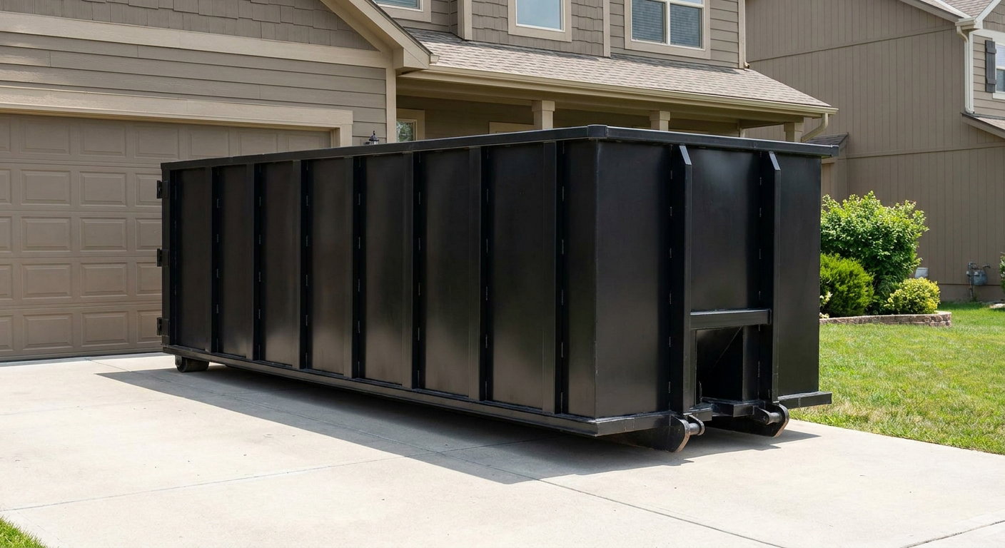 Matte-black residential roll-off dumpster sitting directly on a suburban New Haven concrete driveway, garage door closed, single-family home in background, bright morning daylight.