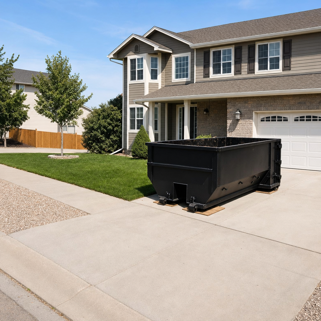 10-yard matte-black residential dumpster placed directly on a narrow New Haven concrete driveway, room remains for a parked sedan beside it, mid-morning natural light