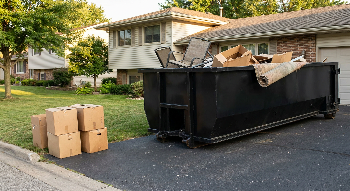 Front-yard view of a New Haven split-level home with a 20-yard matte-black roll-off dumpster sitting directly on the asphalt driveway, a few clearly labeled donation boxes staged at the curb, calm sunny afternoon.