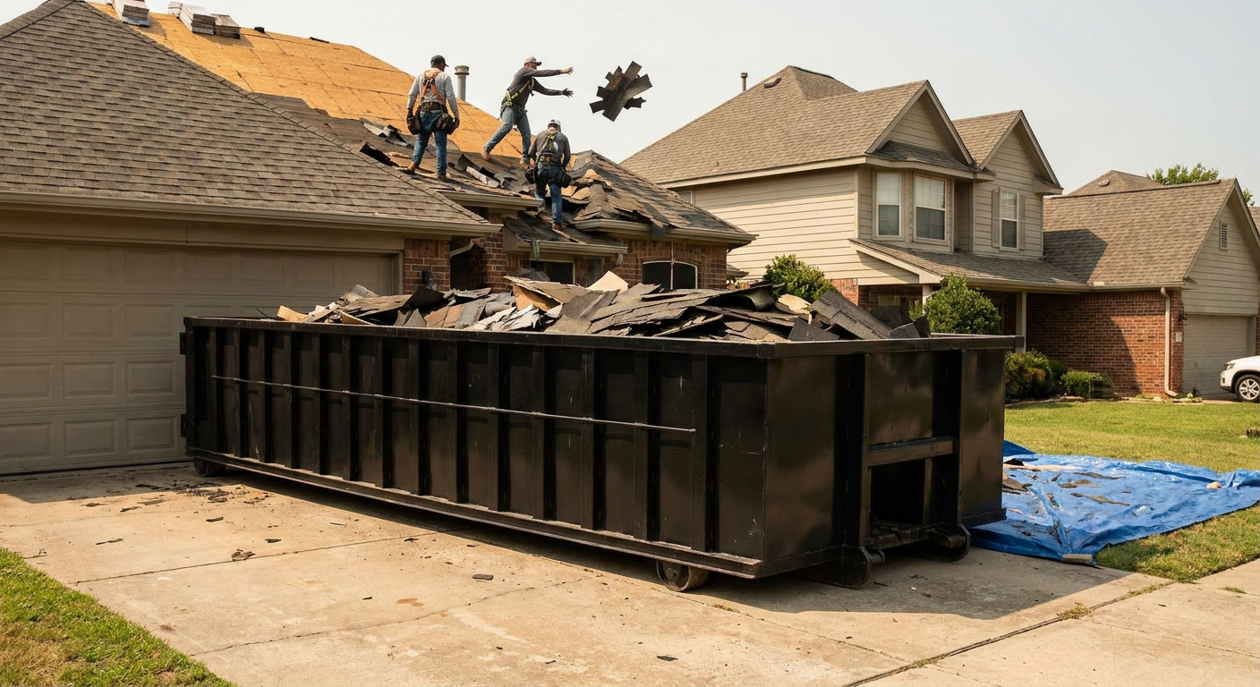 Matte-black roofing roll-off dumpster placed directly on a New Haven residential concrete driveway, a tear-off crew on a two-story asphalt-shingle roof tossing shingle bundles into the low-walled container, bright daylight, documentary 35mm perspective.