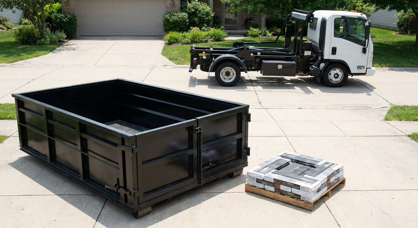 Matte-black 15-yard roofing roll-off dumpster with reinforced low side walls sitting directly on a New Haven residential concrete driveway, three-tab asphalt shingle bundles stacked nearby, an unmarked white hauler truck partially visible at the edge of the frame.