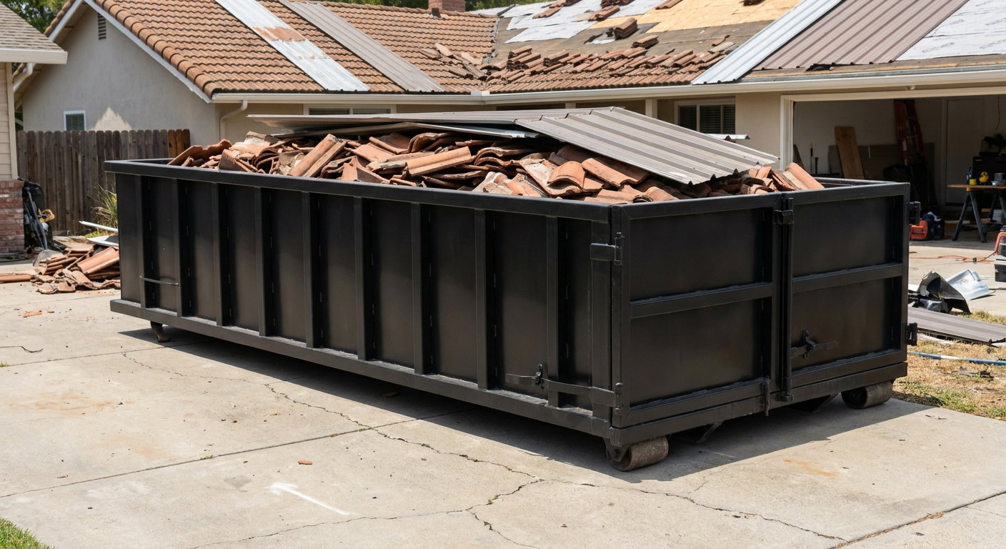 Matte-black low-wall heavy-debris roofing roll-off dumpster sitting directly on a New Haven concrete driveway, broken concrete clay roof tiles and metal panel sections loaded inside, reinforced ribbed steel side walls visible, bright outdoor daylight.